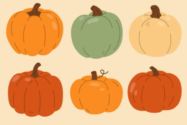 Dijital damga, tebrik kartı, çıkartma, simge, tasarım için sevimli karalama balkabakları vektör çizim seti