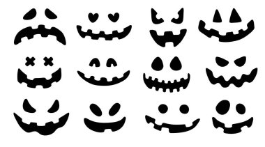 Dijital damga, tebrik kartı, çıkartma, simge, tasarım için Jack o Lantern 'in yüzlerini gösteren bir karalama seti.