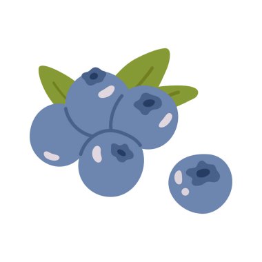 Yeşil yapraklı yaban mersinlerinin vektör çizimi. Ambalaj, yemek tarifleri veya eğitim malzemeleri için taze orman meyvelerinin basit bir düz tasarımı.