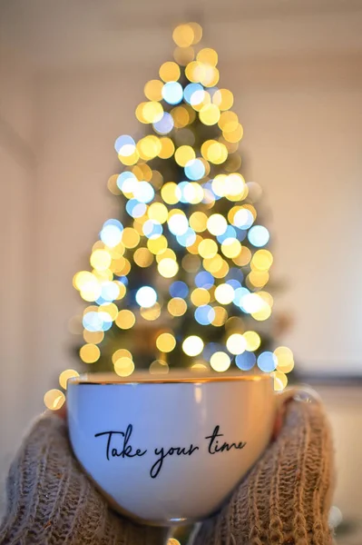 Conceptual Take Your Time Girl Holding Cup Tea Christmas Tree — Stock Photo, Image