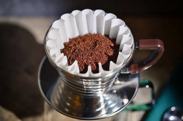 Closeup Barista Grounded Coffee Drip Maker