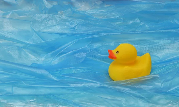 Concept Pollution Plastic Sea Yellow Rubber Duck Toy Plastic Waves Stock Photo