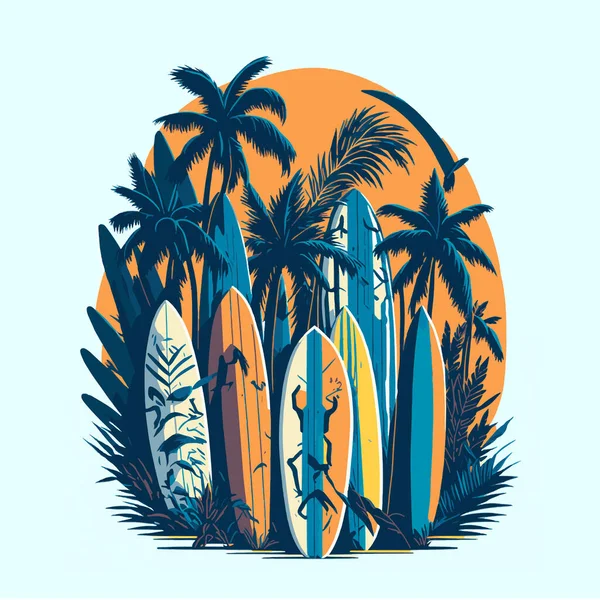 Illustratie Van Surfplanken Het Strand Met Palmbomen Kleuren Voor Surfcursussen Stockfoto