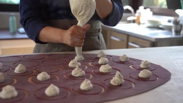 Woman Prepare Fresh Made Ravioli Pasta Factory Restaurant Χρησιμοποιώντας Μια — Αρχείο Βίντεο