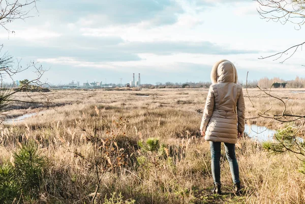 Back view of woman wearing winter clothes in front of grassland wilderness and factories on the horizon - Winter landscape with industries on background - Activism and environmental protection concept