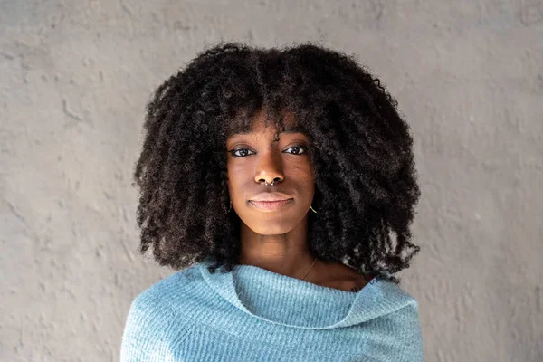 아프리카 미국인 여성의 초상화 피어싱을 곱슬머리의 세대와 개념에 대항하여 카메라 로열티 프리 스톡 사진