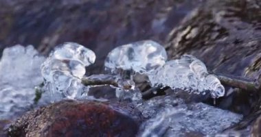 Cold icy water in a river. Slow motion of river flow in the creek. High quality 4k footage