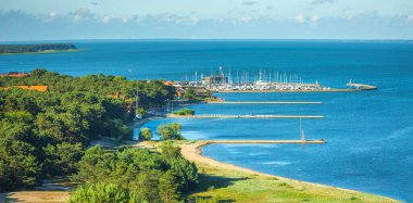 Bay of the Nida resort. Lithuania. Blooming flowers and a sculpture in city center. High quality photo