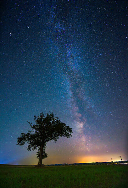 Night landscape with colorful Milky Way, autumn sky. High quality photo