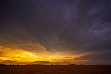 Açık bir alanda dramatik bir altın gün batımı fırtınası.