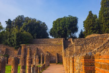 Pompei 'nin antik harabeleri Vezüv volkanı yakınlarında yemyeşil yemyeşil ile çevrilidir..