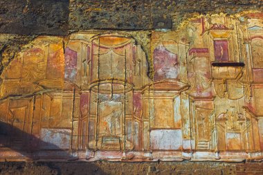 İtalya, Napoli 'deki Pompei şehrinde kayda değer Antik Sanat Duvar Resimleri. Pompei antik Pompei şehrinin görüntüsü, 1. yüzyılda Vezüv Dağı 'nın patlaması sonucu yok olan antik Roma kentidir.