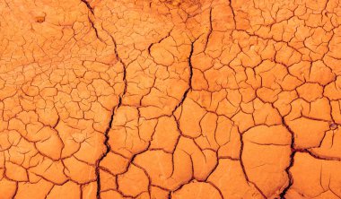 Çatlak Dünya. Sıcak turuncu bir tonda çatlamış, kuru toprak desenleri olan kurak bir arazi..