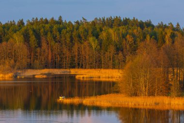 Canlı ve renkli günbatımı renkleriyle Serene Gölü yansıması. Litvanya. Nava Gölü.