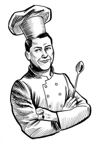 Happy Restaurant Chef Ink Black White Drawing — Stock Photo, Image