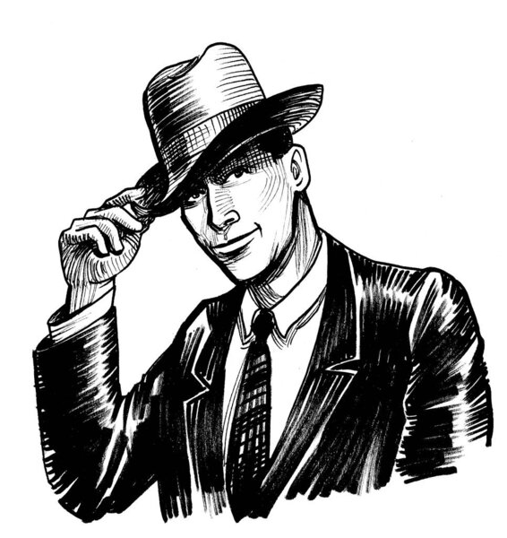 Handsome man in suit and hat. Ink black and white drawing