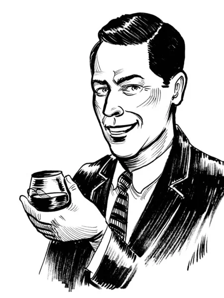 Bir Bardak Şarapla Takım Elbiseli Mutlu Bir Adam Mürekkep Siyah — Stok fotoğraf
