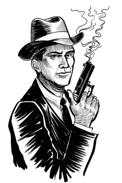Amerikansk Vintage Gangster Med Rykande Pistol Bläck Svart Och Vitt — Stockfoto