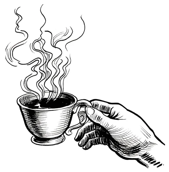 Mano Con Una Tazza Caffè Inchiostro Disegno Bianco Nero — Foto Stock