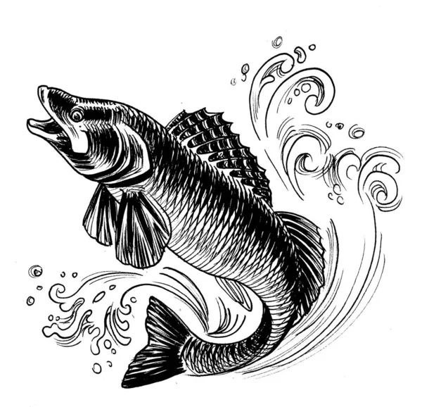 Skoki Ryb Czarno Biały Rysunek Atramentu — Zdjęcie stockowe