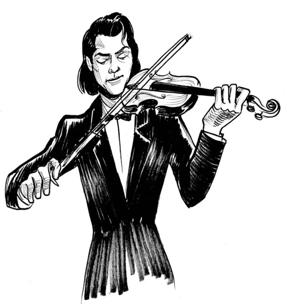 Keman Çalan Klasik Müzisyen Mürekkep Siyah Beyaz Çizim — Stok fotoğraf