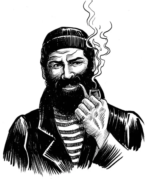 Capitano Mare Con Pipa Fumante Inchiostro Disegno Bianco Nero — Foto Stock
