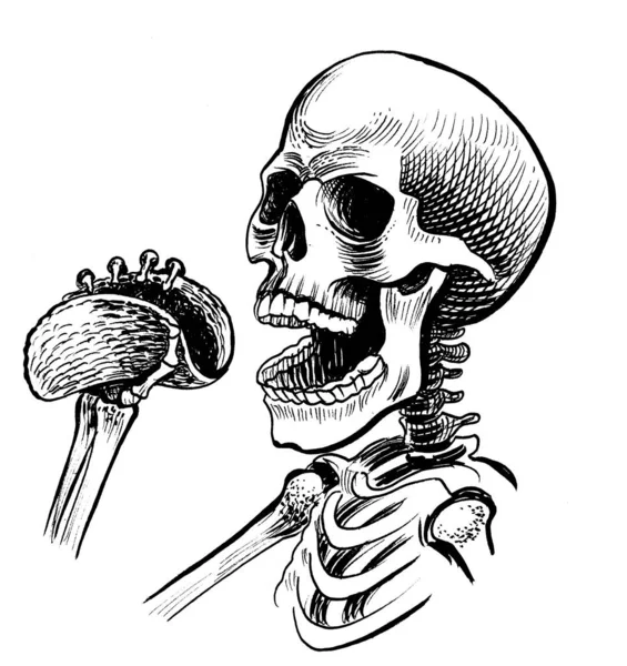 Μεξικάνικος Σκελετός Τρώει Τάκο Μελάνι Ασπρόμαυρο Σχέδιο — Φωτογραφία Αρχείου