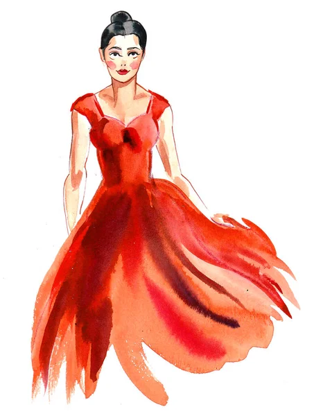 Κυρία Κόκκινο Φόρεμα Σχέδιο Μελανιού Και Ακουαρέλας — Φωτογραφία Αρχείου