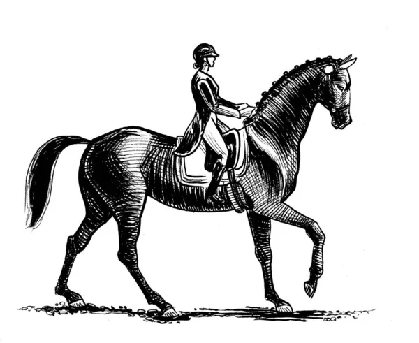 Een Dame Die Paardrijdt Inkt Zwart Wit Tekening — Stockfoto