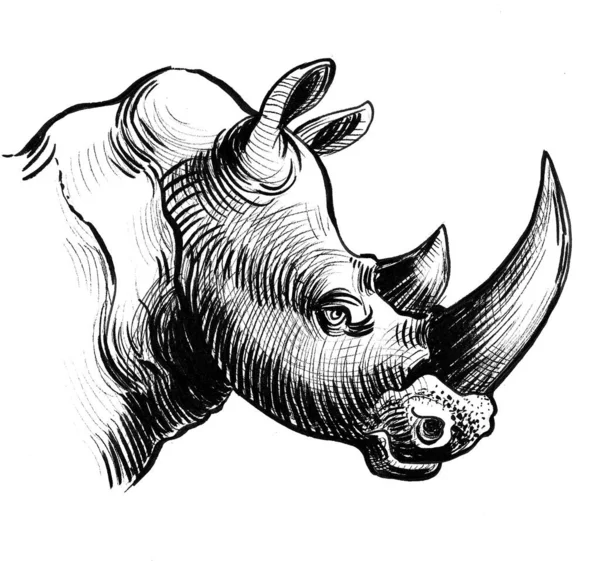 Κεφάλι Ρινόκερου Μελάνι Ασπρόμαυρο Σχέδιο — Φωτογραφία Αρχείου