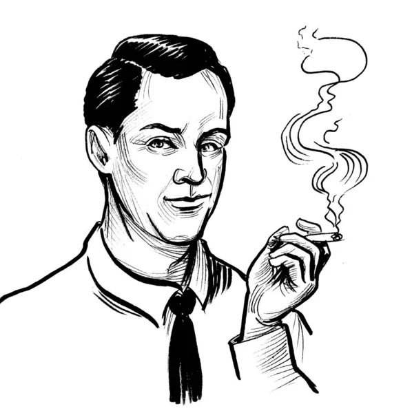 Homem Fumar Marijuana Tinta Desenho Preto Branco — Fotografia de Stock