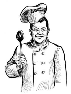 Kaşıklı mutlu bir restoran şefi. Mürekkep siyah beyaz çizim