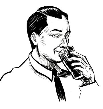 Bira içen mutlu adam. Mürekkep siyah beyaz çizim