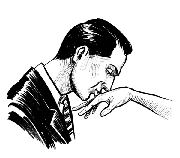 Adamın Biri Bayanın Elini Öpüyor Mürekkep Siyah Beyaz Çizim — Stok fotoğraf