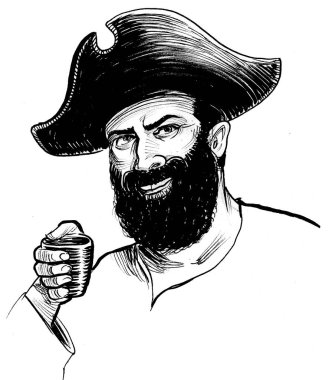 Rom içen bir korsan. Mürekkep siyah beyaz çizim