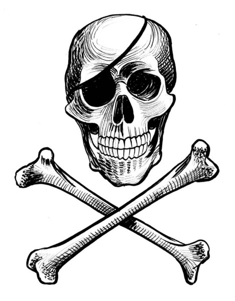 Human skull with eyepatch and crossed bones. Ink black and white drawing