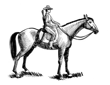 Kovboy ata biniyor. Mürekkep siyah beyaz çizim