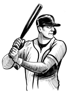 Beyzbol oyuncusu. Mürekkep siyah beyaz çizim
