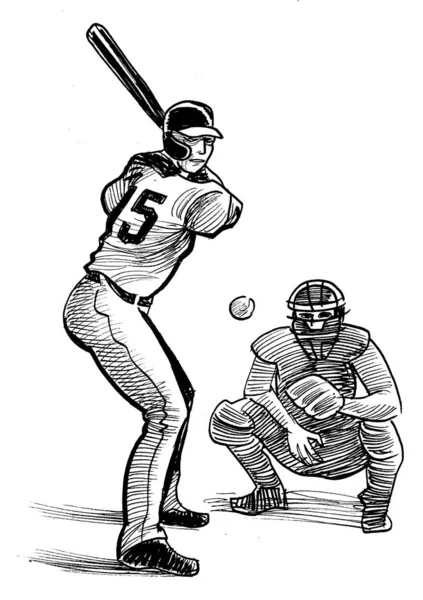 Бейсболисты Чернила Черно Белые — стоковое фото