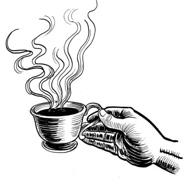 Bir fincan kahveyle el ele. Mürekkep siyah beyaz çizim