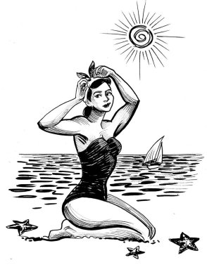 Kumsalda oturan güzel bir kadın. Mürekkep siyah beyaz çizim