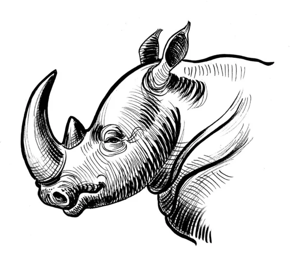 Głowa Nosorożca Czarno Biały Rysunek Atramentu — Zdjęcie stockowe