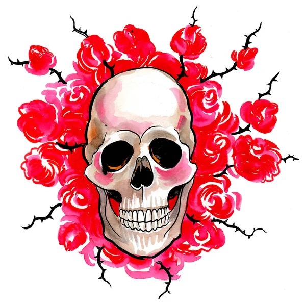 人类头骨和红玫瑰墨水和水彩画 — 图库照片