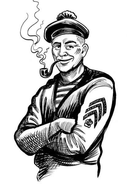 喫煙パイプ付きのセーラーキャラクター 墨と白のドローイング — ストック写真
