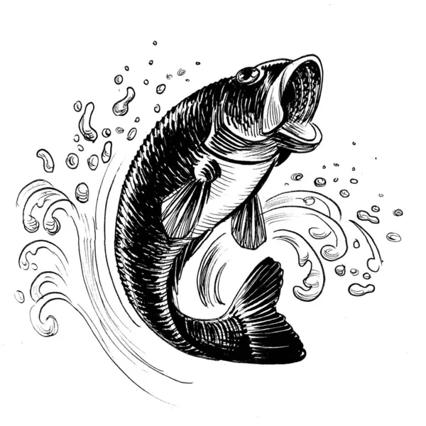 魚をジャンプ 墨と白のドローイング — ストック写真