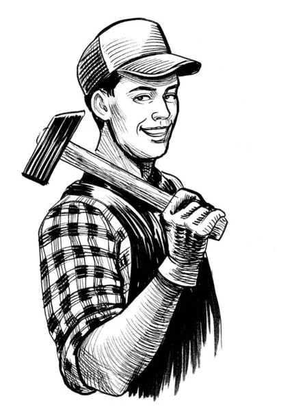 Gelukkige Arbeider Met Een Hamer Inkt Zwart Wit Tekening — Stockfoto