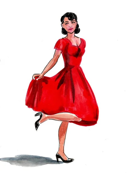 Bonita Mujer Vestida Rojo Pintura Tinta Acuarela — Foto de Stock