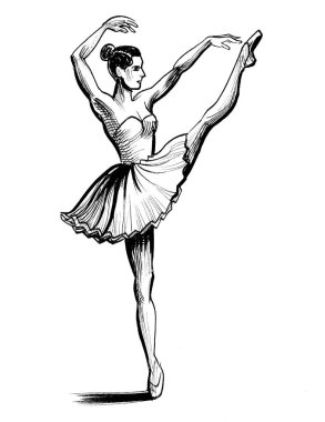 Dans eden balerin. Mürekkep siyah beyaz çizim