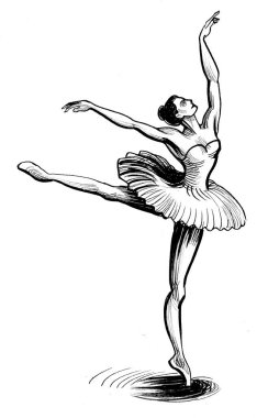 Dans eden balerin. Mürekkep siyah beyaz çizim