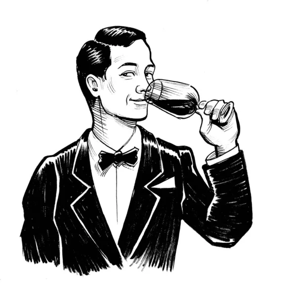Young Man Suit Drinking Glass Wine Ink Black White Drawing — Stok fotoğraf